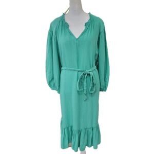 Knox Rose Knee Length Dress Women's‎ Large Green Tie Waist Ruffles Pockets - NEW